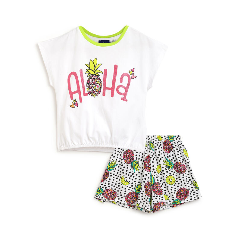 Girls White Printed Outfit with Short Pants image number 0